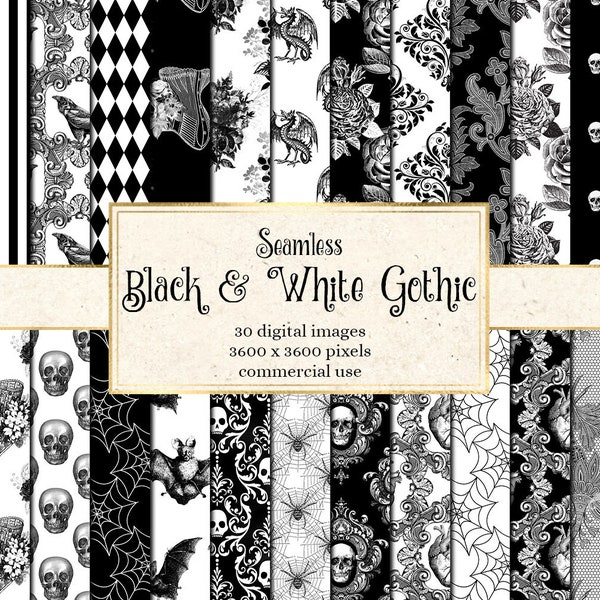 Seamless Black and White Gothic digital paper, skull damask Halloween scrapbook paper, printable distressed grunge texture, goth backgrounds