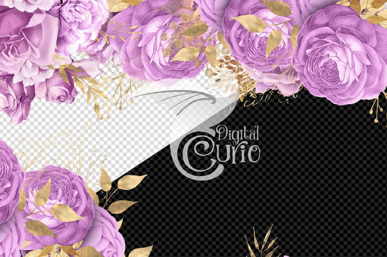 5x7 Lilac and Gold Floral Overlays for invitations, planners, journal pages, vintage flower clipart, wedding frames clip art image 5