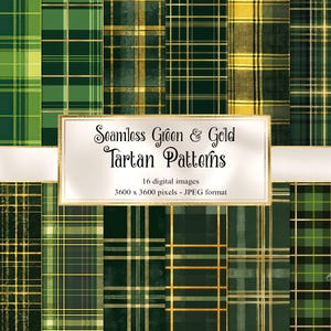 Green and Gold Tartan Patterns, seamless rustic Scottish plaid digital paper printable scrapbook paper backgrounds