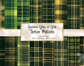 Green and Gold Tartan Patterns, Rustic Plaid Scrapbook Paper (Digital Download)