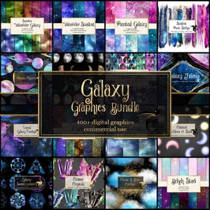 Galaxy Graphics Bundle, celestial space and universe clipart and digital paper graphics pack, discount clip art and digital paper