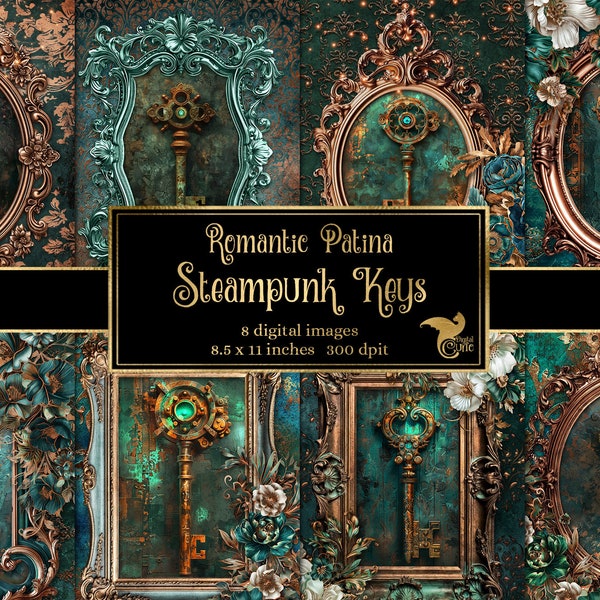 Romantic Patina Steampunk Keys Journal Paper, notebook digital paper fantasy junk journal pages printable 8.5x11 paper instant download