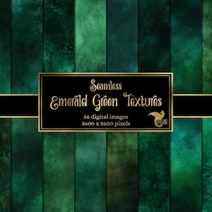 Puede incluir: Imagen digital que presenta texturas verde esmeralda sin costuras. Las texturas varían en tono y patrón, con una pancarta negra y texto dorado que dice "Seamless Emerald Green Textures". La imagen incluye 36 imágenes digitales, cada una de 3600 x 3600 píxeles.