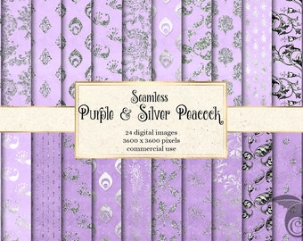 Purple and Silver Peacock Digital Paper, Seamless Patterns (Digital Download)