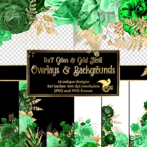5x7 Grün und Gold Floral Overlays für Einladungen, Planer, Journal Seiten, Vintage Blumen Clipart, Hochzeit Rahmen Clip Art
