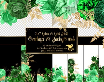 May include: Twelve digital backgrounds and overlays featuring green and gold floral designs. Each design is 5x7 inches and 300 dpi resolution. The designs are available in JPEG and PNG format.