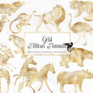 Vintage Gold African Animals Clipart, antieke safari illustraties, png clip art, olifant, leeuw, giraffe digitale download, commercieel gebruik