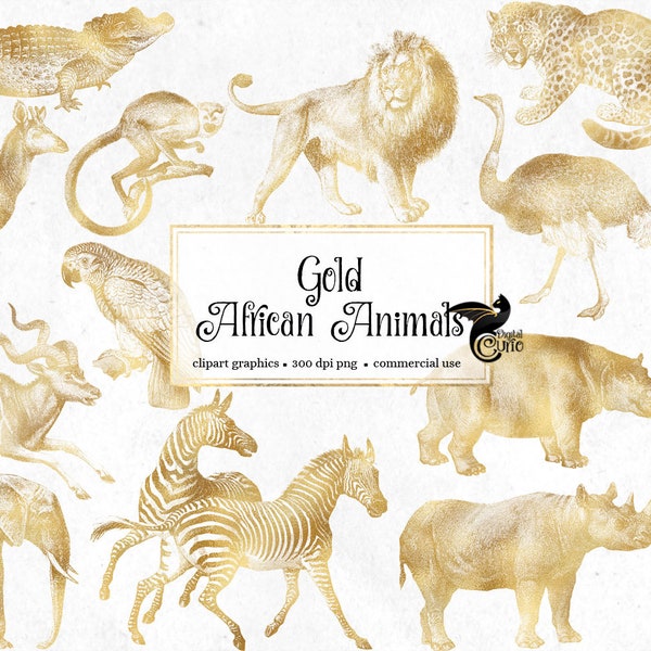 Vintage Gold African Animals Clipart, antique safari illustrations, png clip art, elephant, lion, giraffe digital download, commercial use