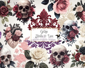 Clipart z gotyckimi kwiatami i koronkami, ilustracje z motywem walentynek Dark Rose w formacie cyfrowym PNG do natychmiastowego pobrania