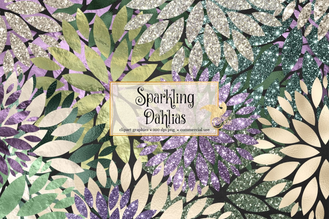 Sparkling Dahlias Clipart, Purple Mint and Ivory Foil and Glitter ...