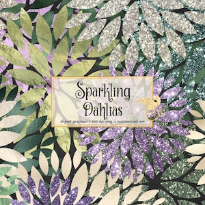 Sparkling Dahlias Clipart, purple mint and ivory foil and glitter flower clip art, digital overlays floral instant download commercial use