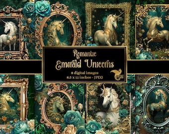 Romantic Emerald Unicorns Journal Paper, notebook digital paper rococo fantasy junk journal pages printable 8.5x11 paper instant download