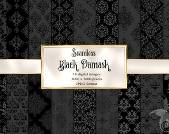 Black Damask Digital Paper, Gothic Victorian Scrapbook Backgrounds (Seamless)