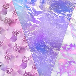 May include: Three digital paper patterns in a triangle shape. The left pattern is a pink and purple iridescent mermaid scale pattern. The middle pattern is a purple and blue iridescent foil pattern. The right pattern is a white and purple iridescent marble pattern.