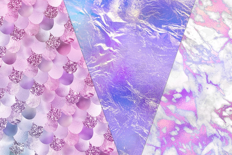 May include: Three digital paper patterns in a triangle shape. The left pattern is a pink and purple iridescent mermaid scale pattern. The middle pattern is a purple and blue iridescent foil pattern. The right pattern is a white and purple iridescent marble pattern.