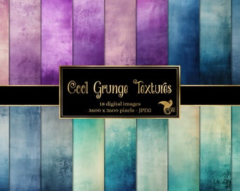 May include: A set of 18 digital grunge textures in cool colors, including shades of purple, blue, and green. Each texture is 3600 x 3600 pixels and is in JPEG format. Cool Grunge Textures.