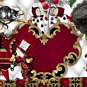 May include: A whimsical illustration featuring characters from Alice in Wonderland. The Queen of Hearts stands with the Mad Hatter, while the Cheshire Cat sits on a branch above them. The background features a red heart with gold accents, a black rose, and a flamingo.