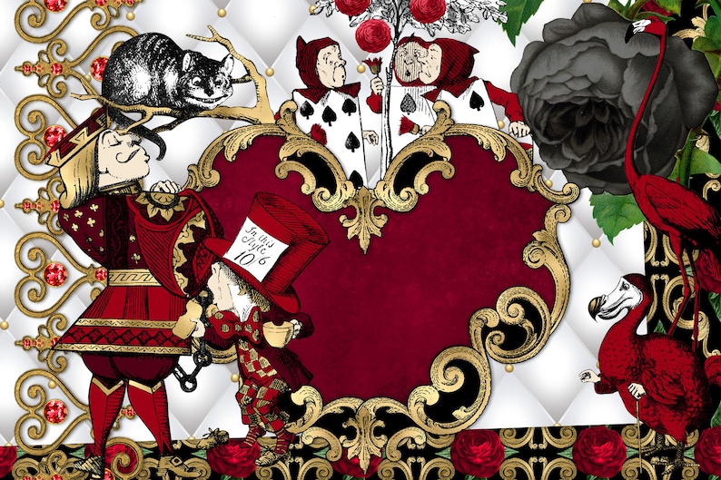 May include: A whimsical illustration featuring characters from Alice in Wonderland. The Queen of Hearts stands with the Mad Hatter, while the Cheshire Cat sits on a branch above them. The background features a red heart with gold accents, a black rose, and a flamingo.
