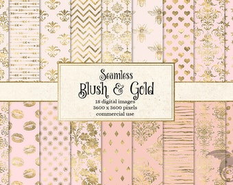 May include: A set of 18 digital seamless patterns in blush pink and gold. The patterns include hearts, stars, arrows, bees, lips, polka dots, and various floral and geometric designs.  Seamless Blush & Gold - 18 digital images 3600 x 3600 pixels commercial use