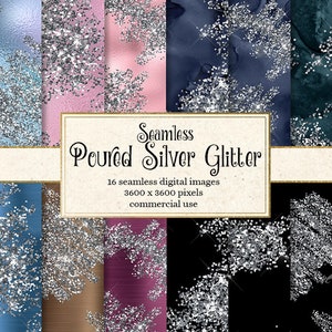 Poured Silver Glitter digital paper, silver sparkle backgrounds, seamless glitter patterns, bling glam diamond digital paper, commercial use