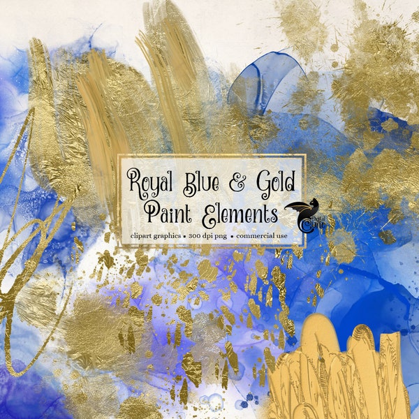 Royal Blue and Gold Paint Elements, ink overlays, paint splatter clipart, watercolor elements, png art graphics