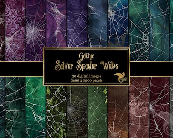 May include: A collection of 20 digital images featuring gothic-style silver spider webs on various textured backgrounds. The color palette includes shades of purple, green, and brown. The text on the image reads "Gothic Silver Spider Webs".