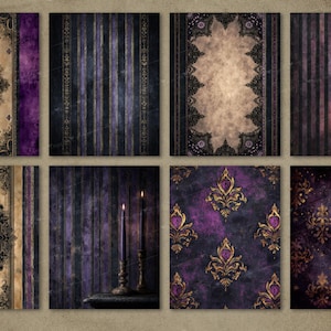 May include: Eight digital papers with a gothic and vintage aesthetic. The designs feature ornate patterns, stripes, and textures in shades of purple, gold, and black, evoking a sense of luxury and mystery. Suitable for scrapbooking and digital art projects.