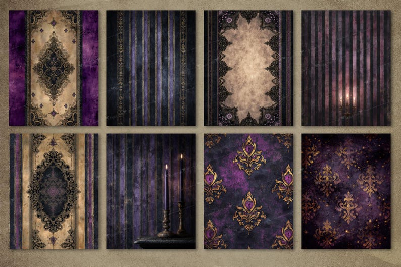 May include: Eight digital papers with a gothic and vintage aesthetic. The designs feature ornate patterns, stripes, and textures in shades of purple, gold, and black, evoking a sense of luxury and mystery. Suitable for scrapbooking and digital art projects.