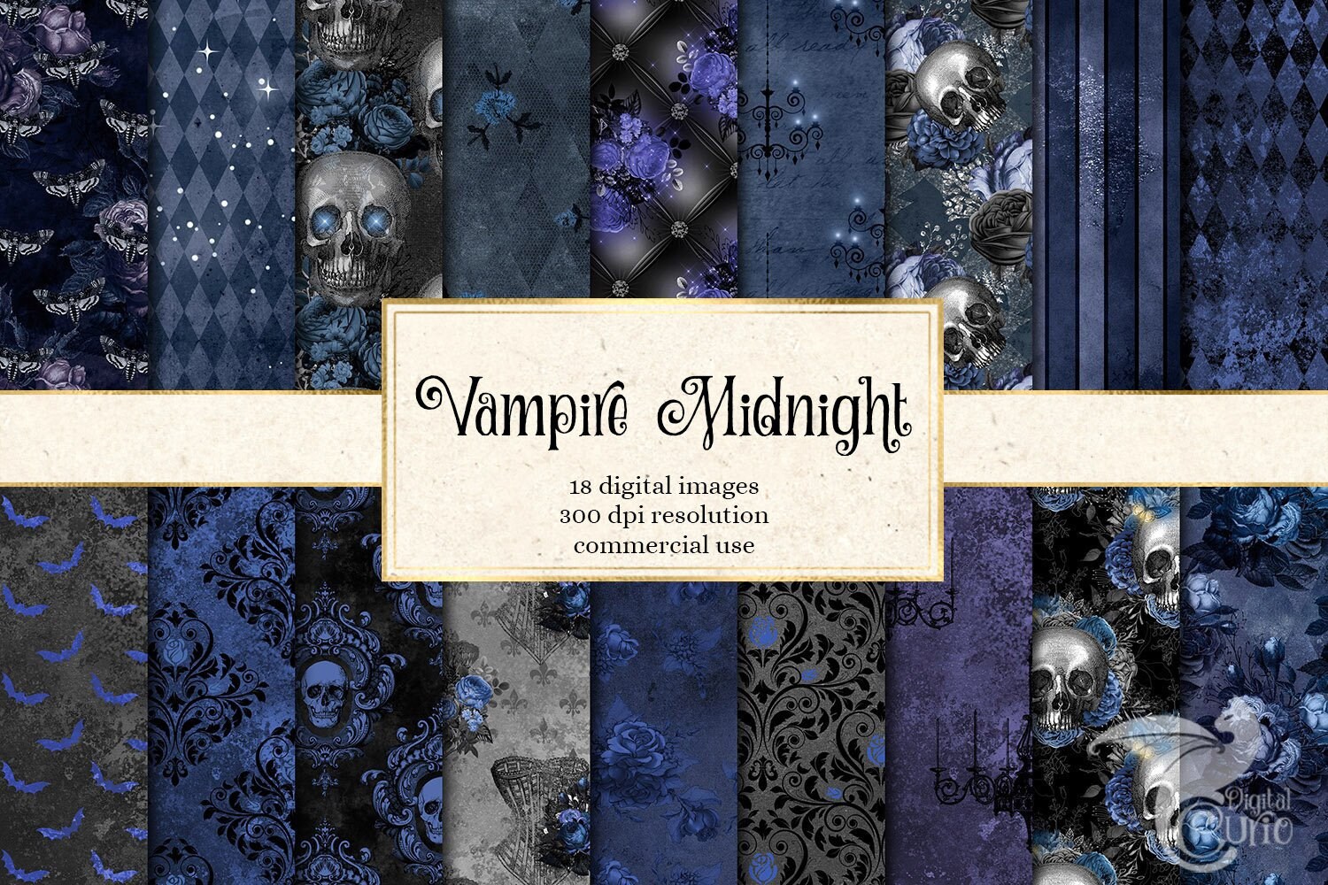 Vampire Midnight Digital Paper, Halloween seamless backgrounds pattern gothic damask black and blue rose distressed grunge textures