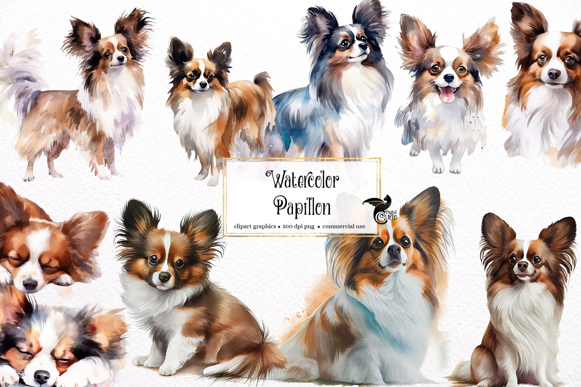 水彩パピヨン クリップアート - かわいい犬と子犬の PNG 形式、商用