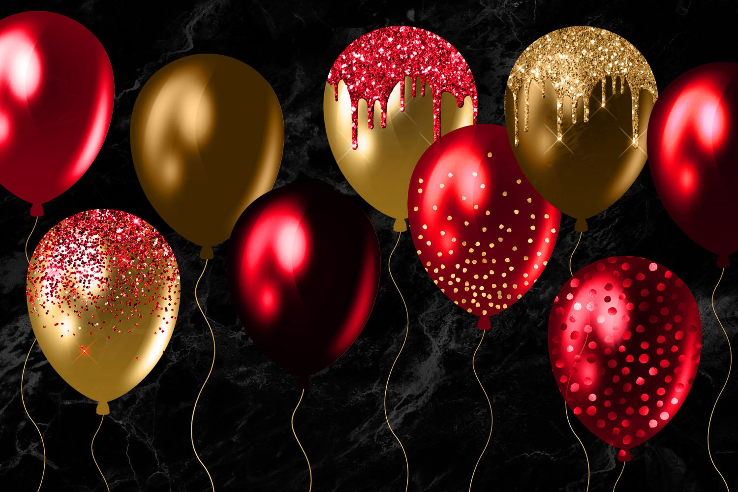 Red and Gold Balloons Clipart, Glitter Confetti Overlays (PNG Digital ...