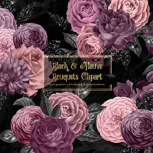 Black and Mauve Floral Bouquets Clipart, digital instant download purple glitter wedding flower png commercial use