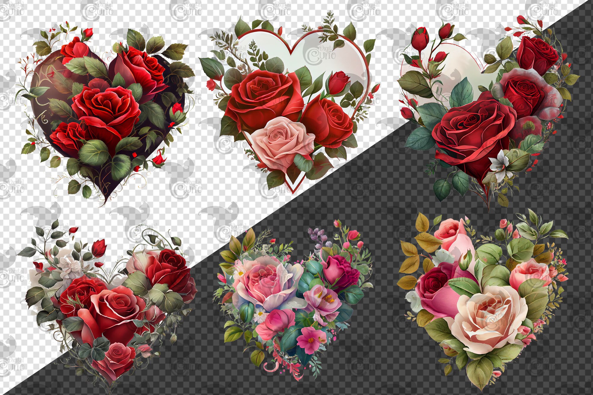 Floral Hearts Clipart, Flower Heart Valentine Illustrations Digital ...