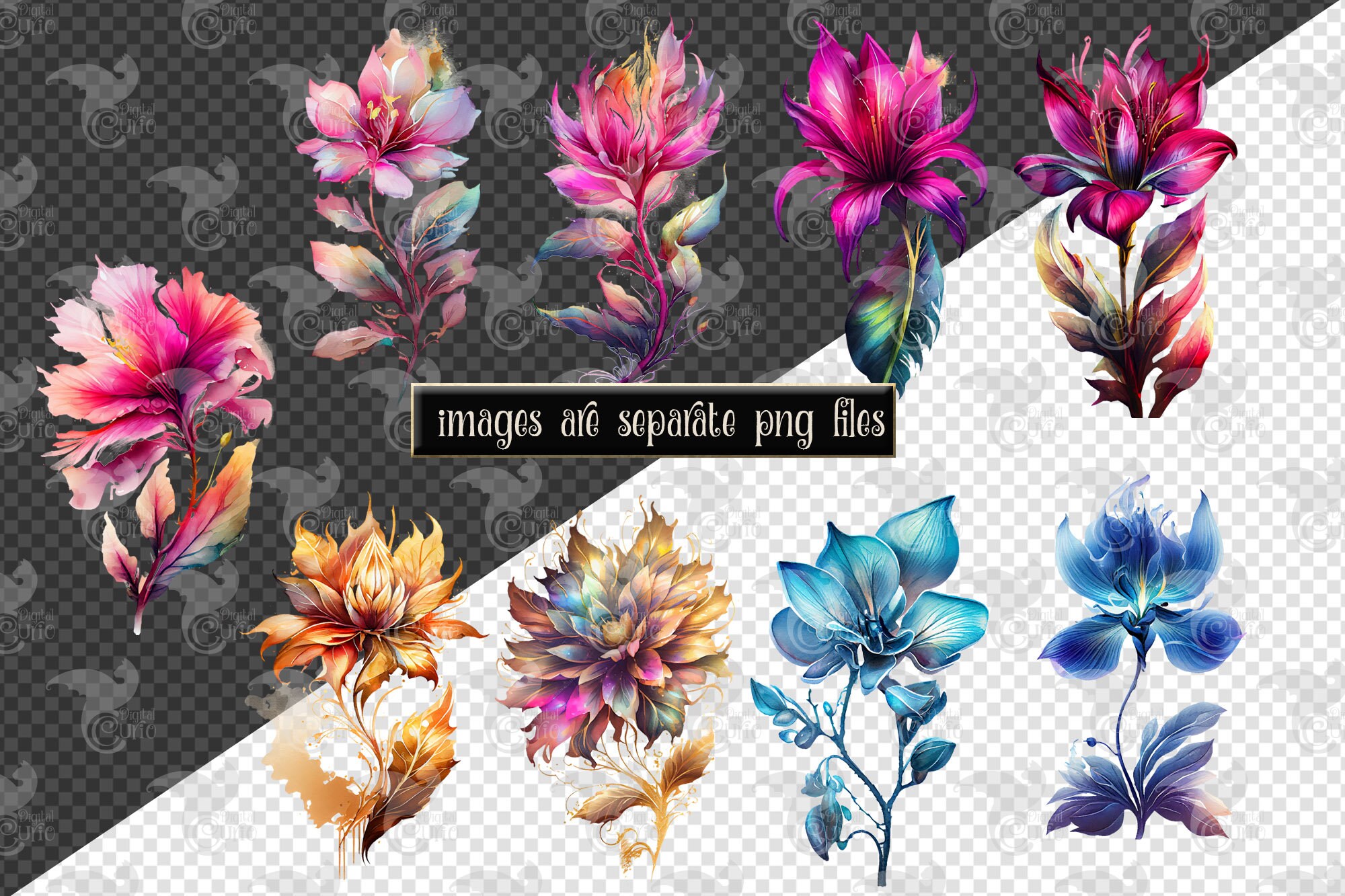 Watercolor Fantasy Flowers Clipart - Floral Fantasy PNG Format Instant ...