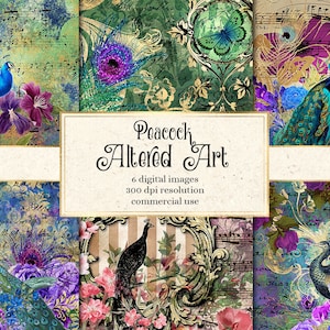 Könnte beinhalten: Eine digitale Collage aus sechs Bildern mit Pfauen, Blumen und Noten. Die Bilder sind im Vintage-Stil mit einem abgenutzten, verblassten Look. Der Text "Peacock Altered Art" wird in der Mitte der Collage angezeigt. Der Text "6 digitale Bilder, 300 dpi Auflösung, kommerzielle Nutzung" wird unter dem Titel angezeigt.