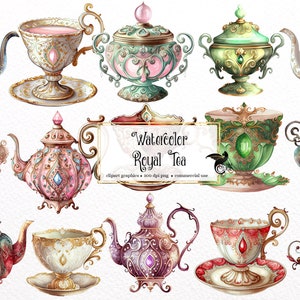 Acuarela Royal Tea Clipart - elegante joya ornamentada tazas de té y teteras formato PNG descarga instantánea para uso comercial