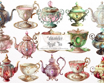 Watercolor Royal Teacup Clipart – Ornate Jewel Tea Set (PNG, Digital Download)