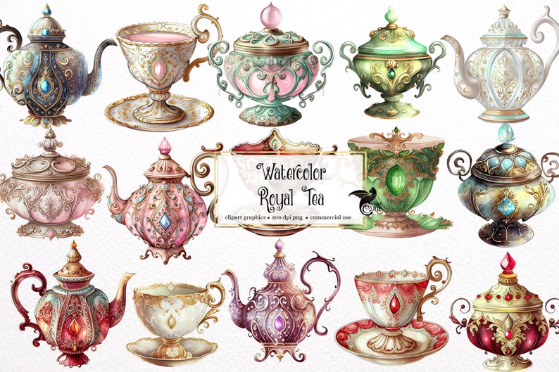 Pode incluir: Um conjunto de 12 ilustra&ccedil;&otilde;es de aquarela de x&iacute;caras de ch&aacute;, bules e a&ccedil;ucareiros ornamentados. As x&iacute;caras de ch&aacute; e os bules s&atilde;o decorados com ouro, joias e padr&otilde;es florais. Os a&ccedil;ucareiros t&ecirc;m tampas e s&atilde;o decorados com joias e padr&otilde;es florais. As ilustra&ccedil;&otilde;es s&atilde;o perfeitas para adicionar um toque de eleg&acirc;ncia a qualquer projeto.