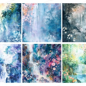 Watercolor Forest Waterfall Backgrounds, Floral Landscape (digital ...