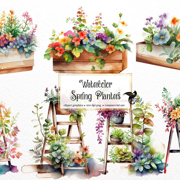 Watercolor Spring Planters Clipart - springtime cute planter boxes and garden ladders  PNG format instant download for commercial use