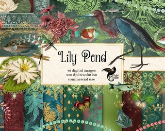 Lily Pond Scrapbook Kit, Dragonfly, Lace, Fish (Digital PNG Overlays)