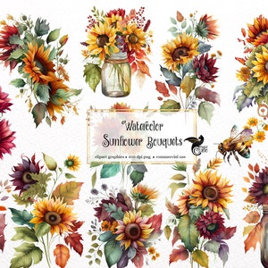 Watercolor Sunflower Bouquets Clipart - fall sunflower floral in PNG format instant download for commercial use