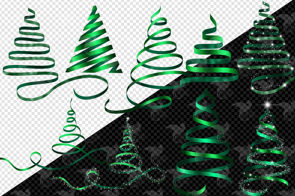 Green Ribbon Christmas Tree Clip Art Digital Holiday Glitter - Etsy