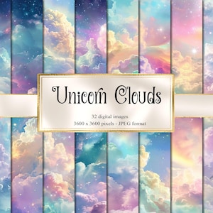 Puede incluir: Colección de arte digital "Unicorn Clouds" con 32 imágenes de nubes en colores pastel con una calidad onírica y etérea. Las imágenes están en formato JPEG, 3600 x 3600 píxeles. La paleta de colores incluye azules, rosas y amarillos.