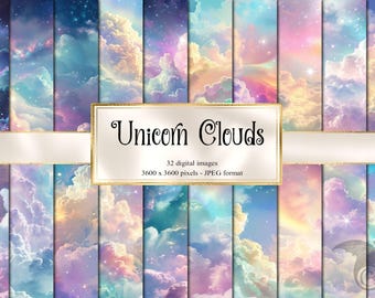 Może przedstawiać: Kolekcja cyfrowa "Unicorn Clouds" z 32 obrazami pastelowych chmur o marzycielskiej, eterycznej jakości. Obrazy są w formacie JPEG, 3600 x 3600 pikseli. Paleta kolorów obejmuje odcienie niebieskiego, różowego i żółtego.