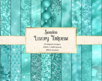 Luxury Turquoise Digital Paper, seamless cyan textures and backgrounds with shimmer metallic effects for commercial use