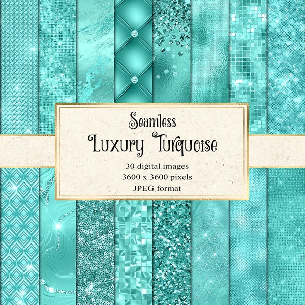 Luxury Turquoise Digital Paper, seamless cyan textures and backgrounds with shimmer metallic effects for commercial use