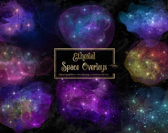 Puede incluir: Un conjunto de 8 superposiciones digitales de espacio con nebulosas etéreas y coloridas y estrellas brillantes. Las superposiciones son perfectas para agregar un toque de magia cósmica a tus diseños.