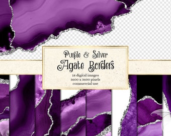 Purple and Silver Agate Borders, digital watercolor geode PNG overlays with glitter for commercial use in wedding invitation, web design