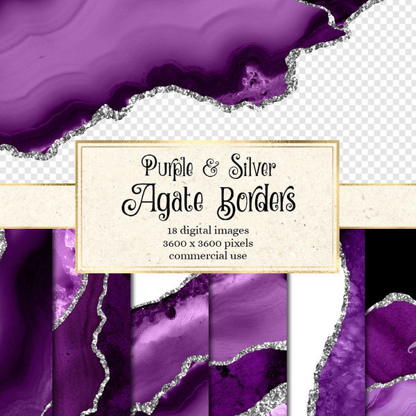 Purple and Silver Agate Borders, digital watercolor geode PNG overlays with glitter for commercial use in wedding invitation, web design